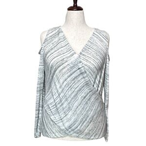 WHBM Cold Shoulder Long Sleeve Gray Stripe Faux Wrap Top Size Large